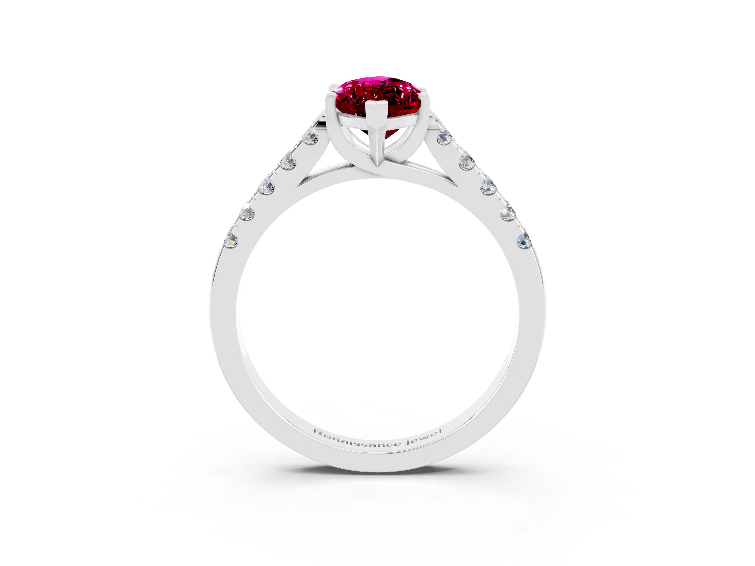 White gold {shape_name} Garnet Solitaire Ring with Pavé Band and Four-Prong Setting_15