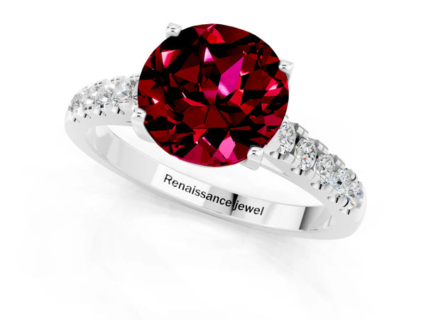 Silver Round Cut Garnet Pavé Band Solitaire Ring with Prong Setting