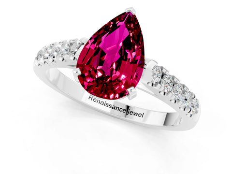 White gold {shape_name} Garnet Solitaire Ring with Pavé Band and Four-Prong Setting_1