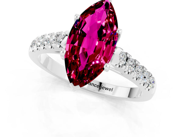 Platinum Marquise Cut Garnet Pavé Band Solitaire Ring with Prong Setting