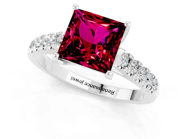 Silver Princess Cut Garnet Pavé Band Solitaire Ring with Prong Setting
