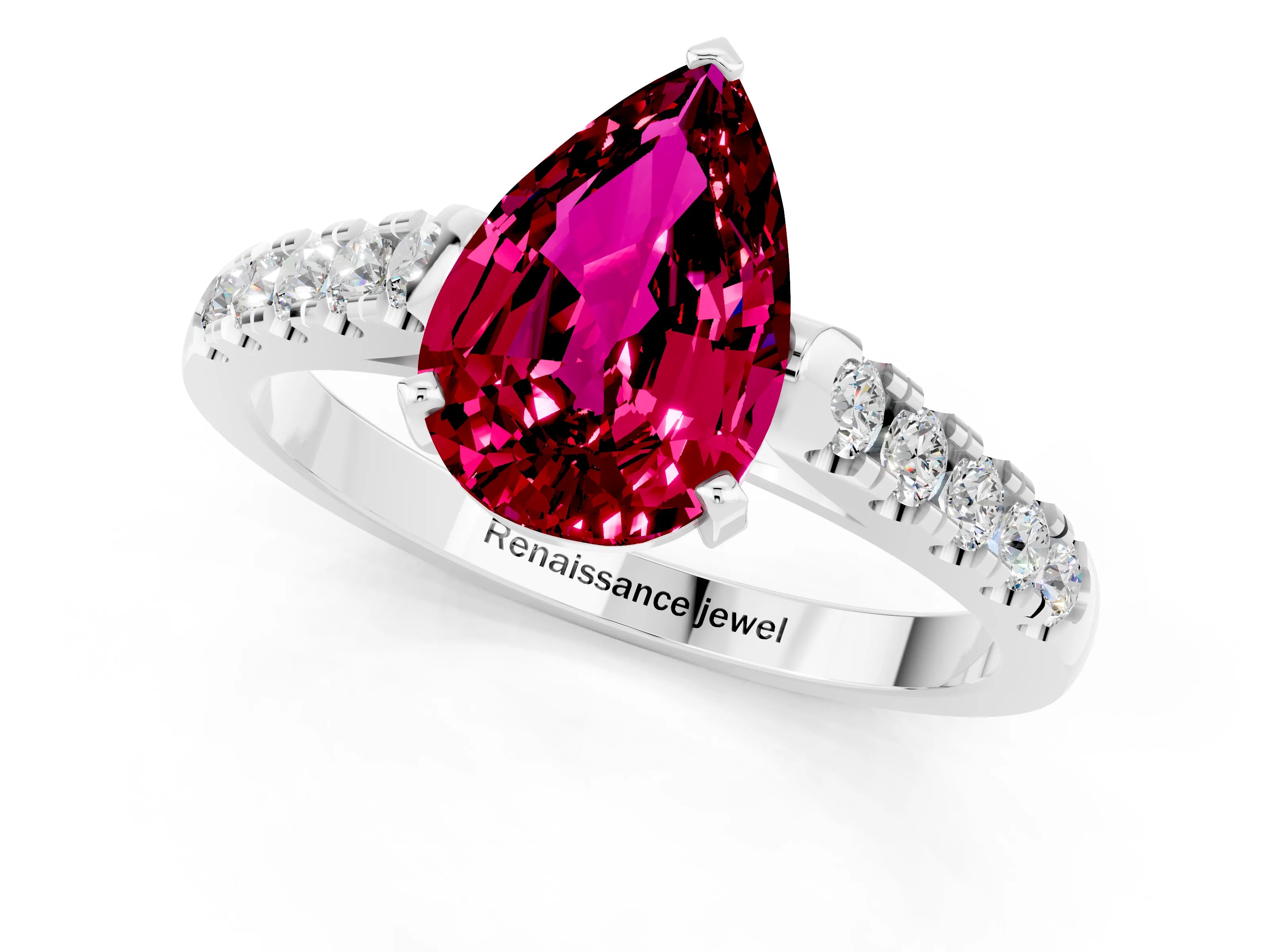 White gold {shape_name} Garnet Solitaire Ring with Pavé Band and Four-Prong Setting_1