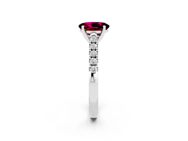 Silver Oval Cut Garnet Pavé Band Solitaire Ring with Prong Setting