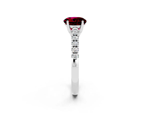 Silver Round Cut Garnet Pavé Band Solitaire Ring with Prong Setting