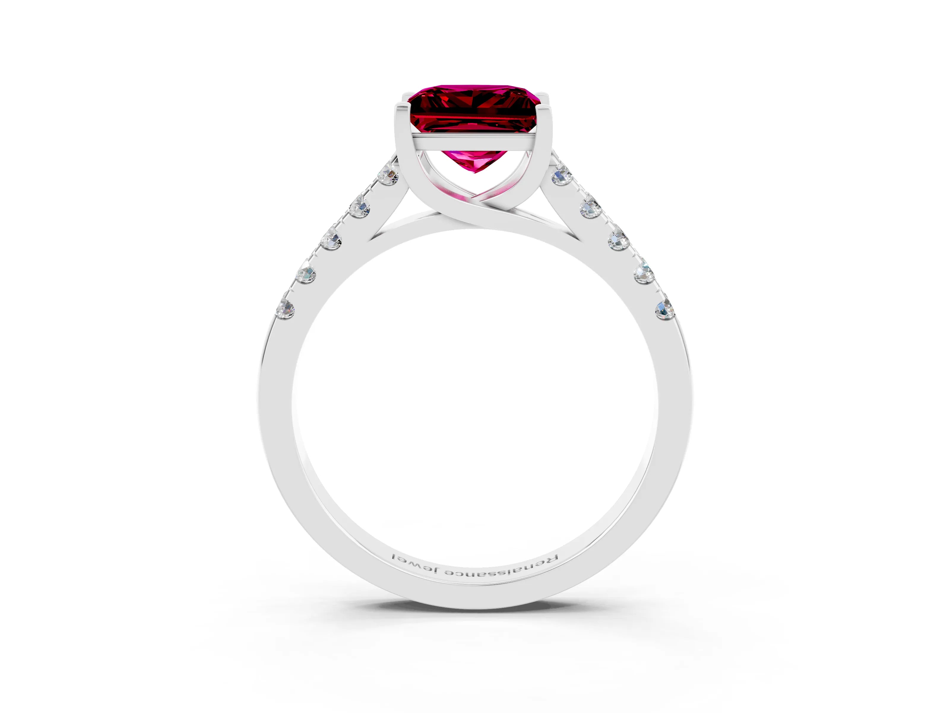 White gold {shape_name} Garnet Solitaire Ring with Pavé Band and Four-Prong Setting_3
