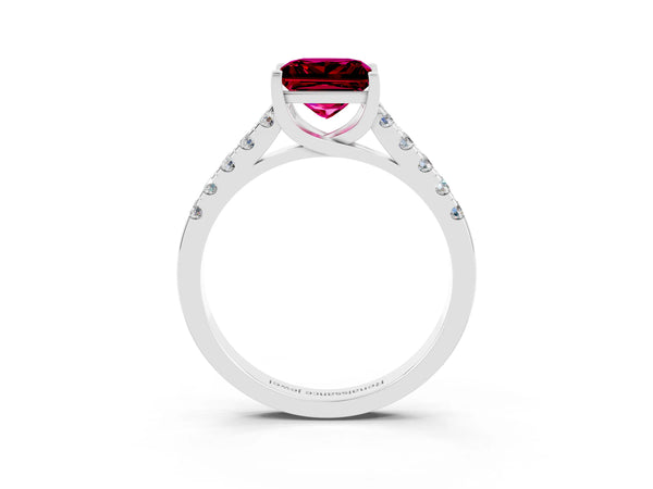 Platinum Princess Cut Garnet Pavé Band Solitaire Ring with Prong Setting
