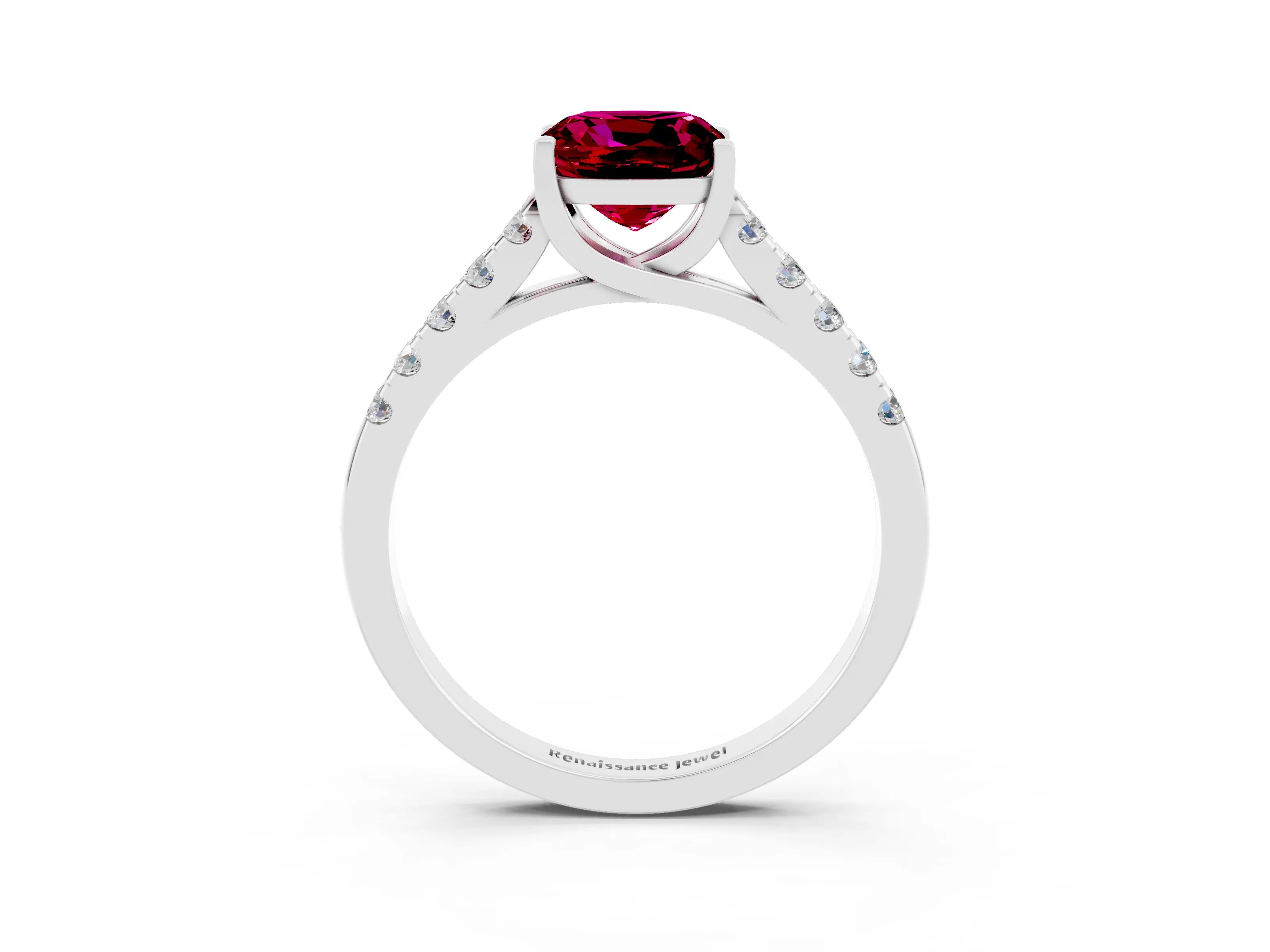 White gold {shape_name} Garnet Solitaire Ring with Pavé Band and Four-Prong Setting_3