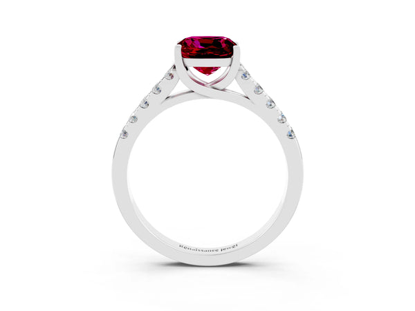 Platinum Cushion Cut Garnet Pavé Band Solitaire Ring with Prong Setting
