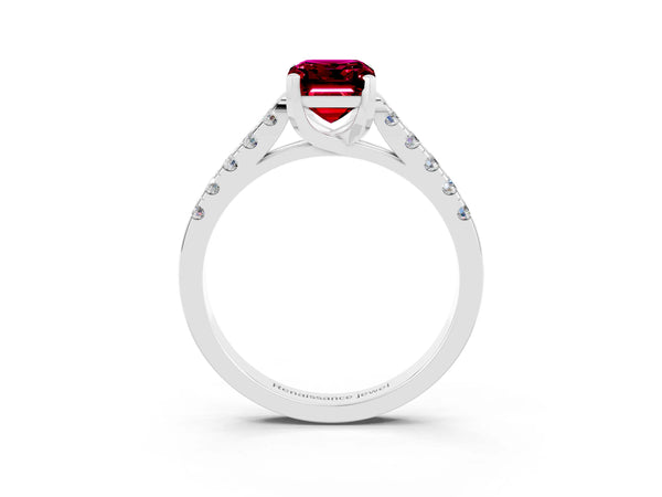 Platinum Emerald Cut Garnet Pavé Band Solitaire Ring with Prong Setting