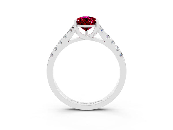 Platinum Pear Cut Garnet Pavé Band Solitaire Ring with Prong Setting