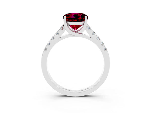 Platinum Round Cut Garnet Pavé Band Solitaire Ring with Prong Setting