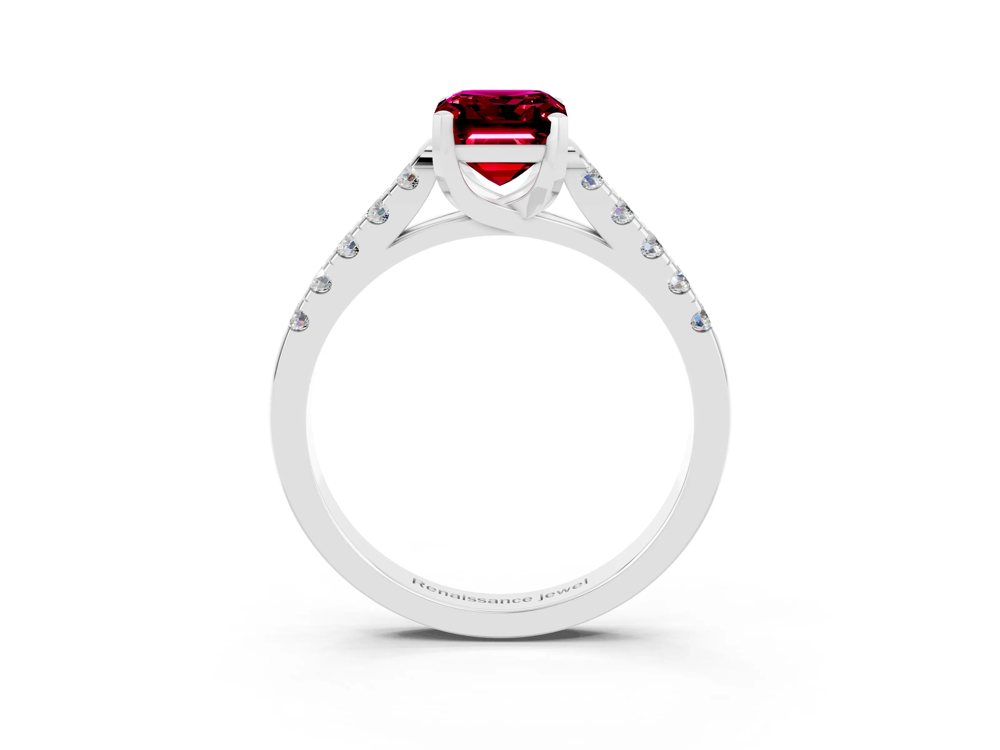 White gold {shape_name} Garnet Solitaire Ring with Pavé Band and Four-Prong Setting_3