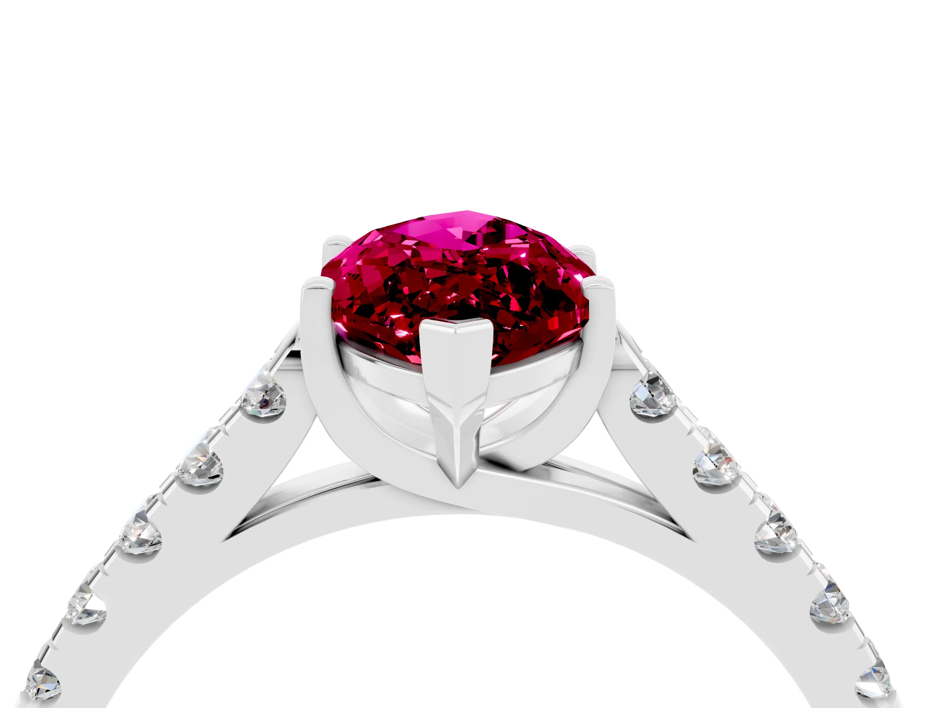 White gold {shape_name} Garnet Solitaire Ring with Pavé Band and Four-Prong Setting_4