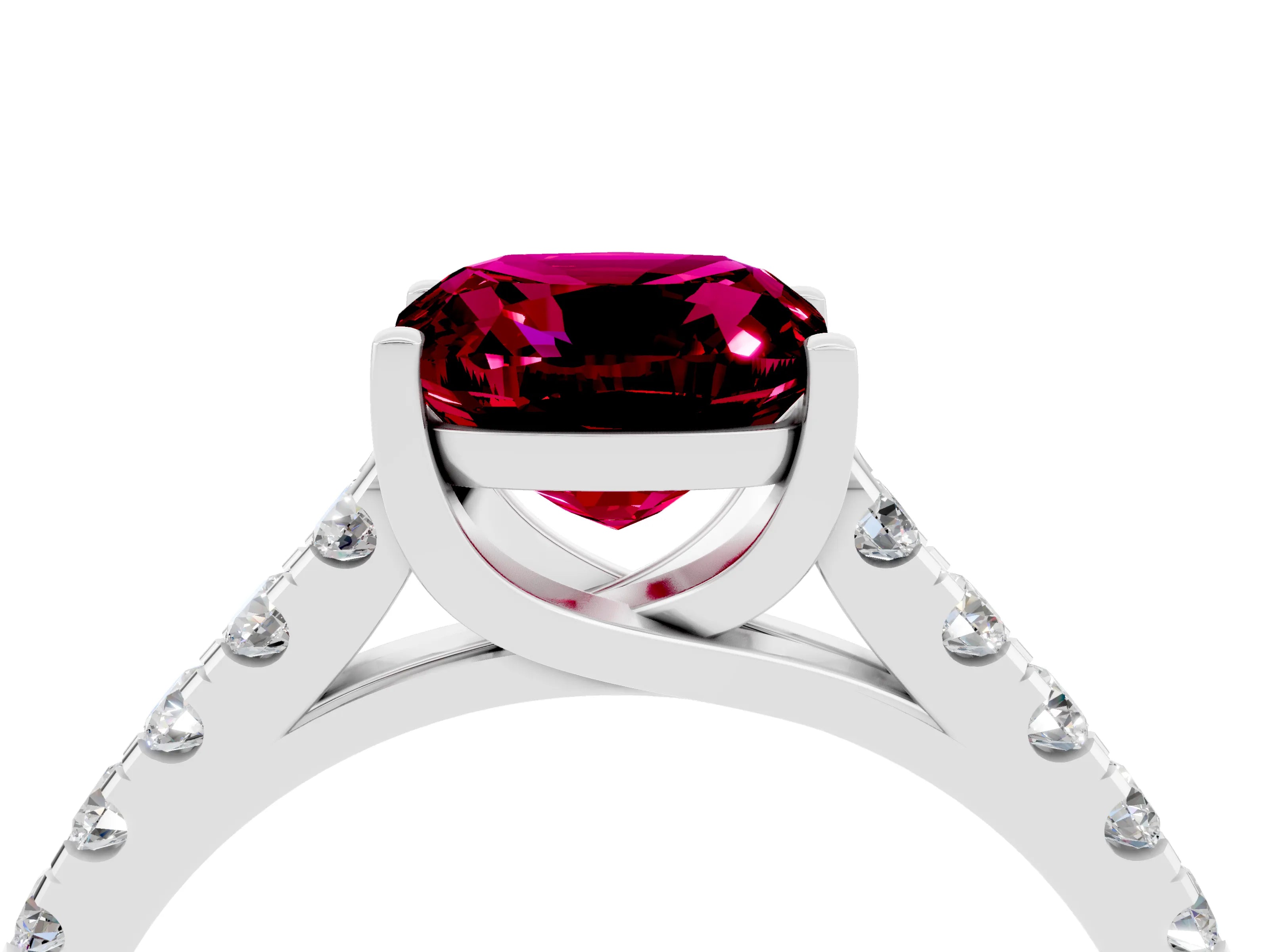 White gold {shape_name} Garnet Solitaire Ring with Pavé Band and Four-Prong Setting_4