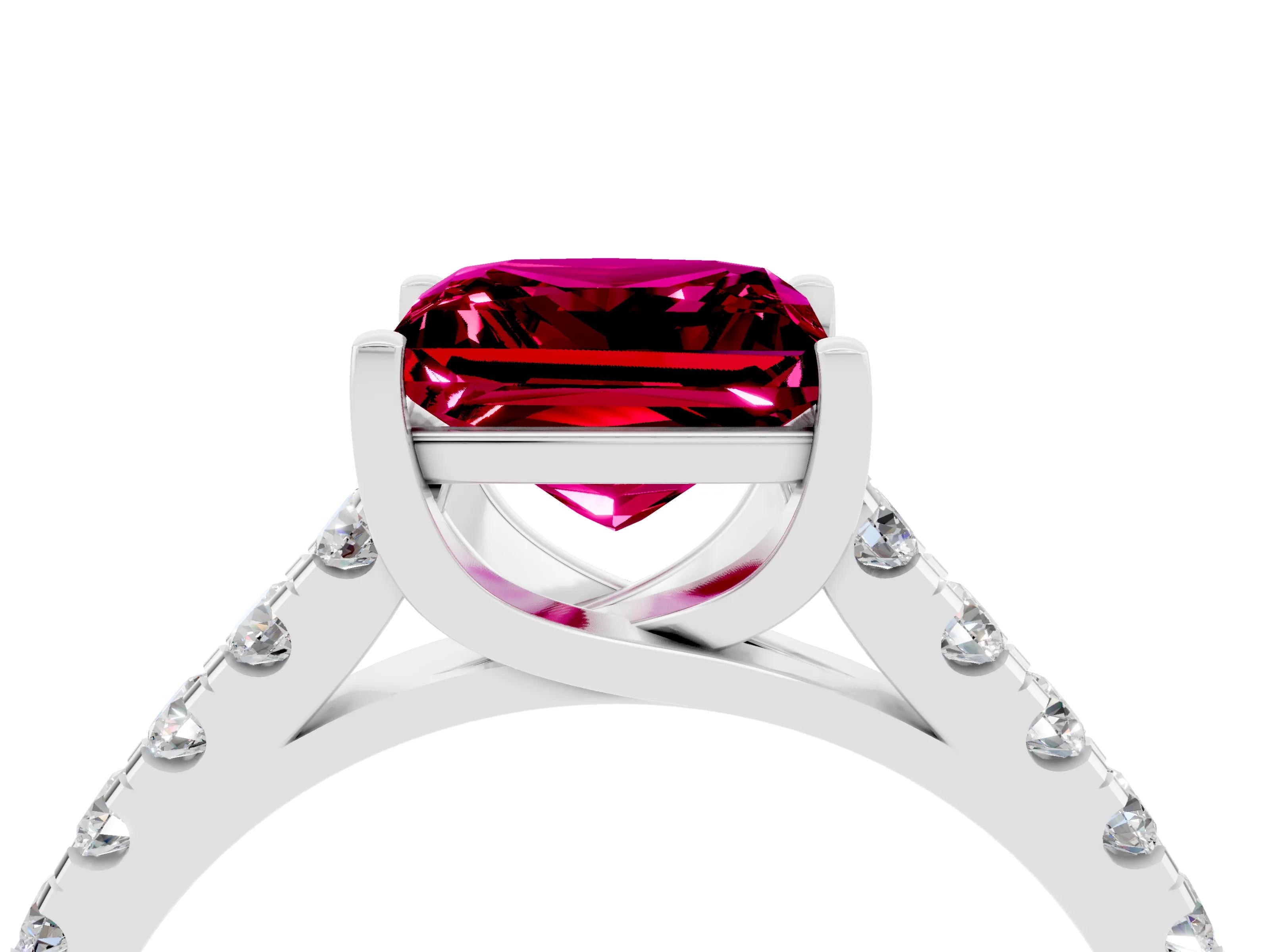 White gold {shape_name} Garnet Solitaire Ring with Pavé Band and Four-Prong Setting_4