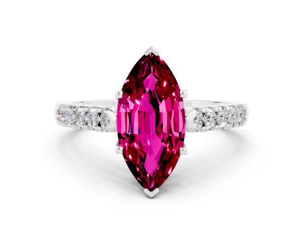 Silver Marquise Cut Garnet Pavé Band Solitaire Ring with Prong Setting