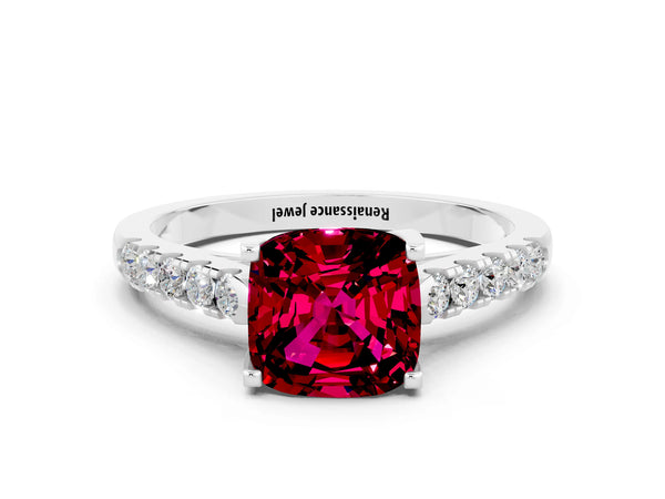 Silver Cushion Cut Garnet Pavé Band Solitaire Ring with Prong Setting