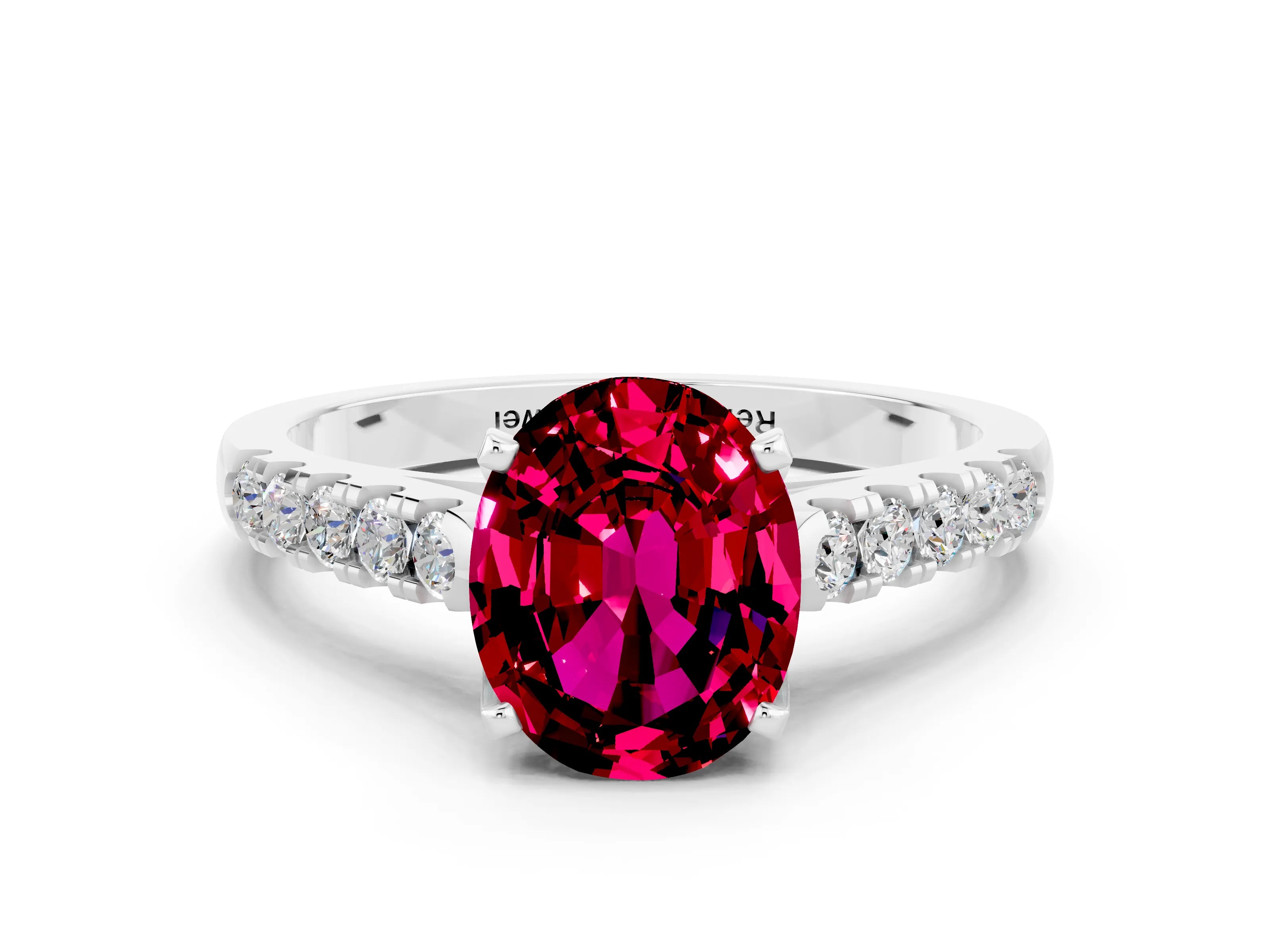 White gold {shape_name} Garnet Solitaire Ring with Pavé Band and Four-Prong Setting