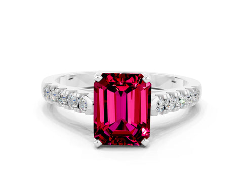 White gold {shape_name} Garnet Solitaire Ring with Pavé Band and Four-Prong Setting