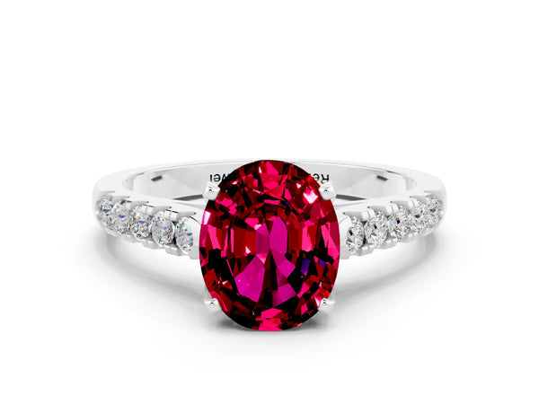 Platinum Oval Cut Garnet Pavé Band Solitaire Ring with Prong Setting