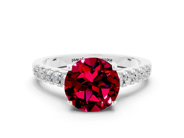 Platinum Round Cut Garnet Pavé Band Solitaire Ring with Prong Setting