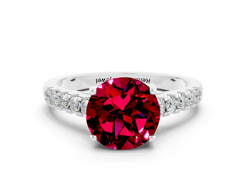 White gold {shape_name} Garnet Solitaire Ring with Pavé Band and Four-Prong Setting