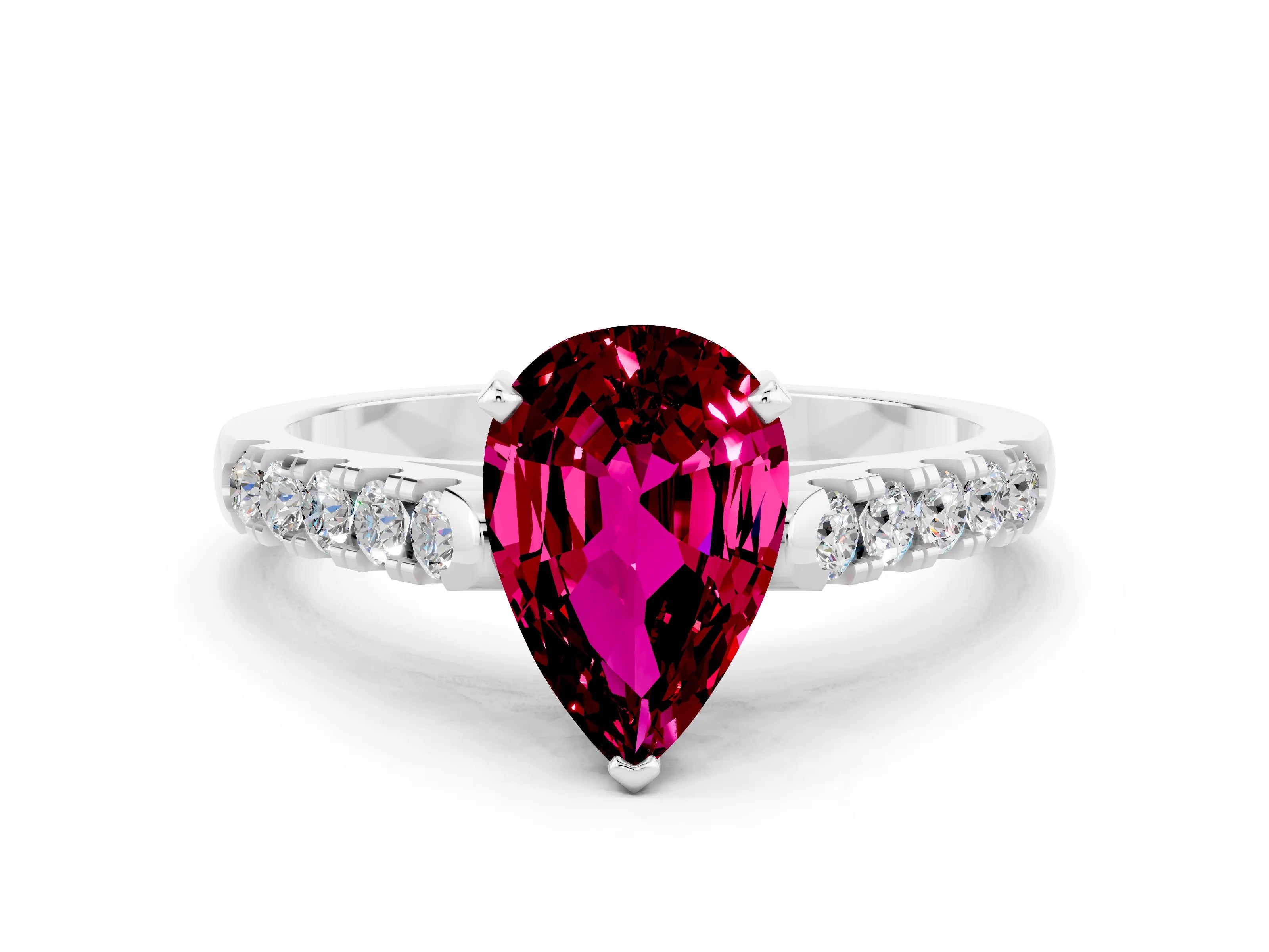 White gold {shape_name} Garnet Solitaire Ring with Pavé Band and Four-Prong Setting