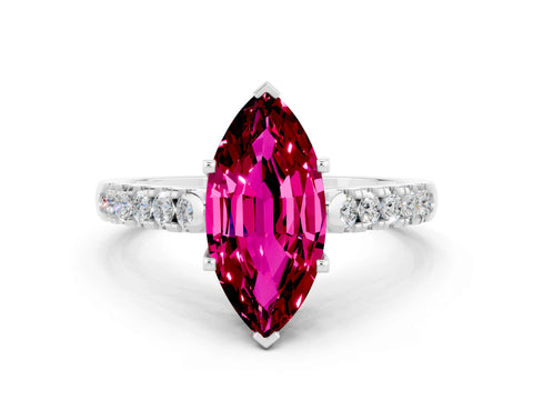 White gold {shape_name} Garnet Solitaire Ring with Pavé Band and Four-Prong Setting