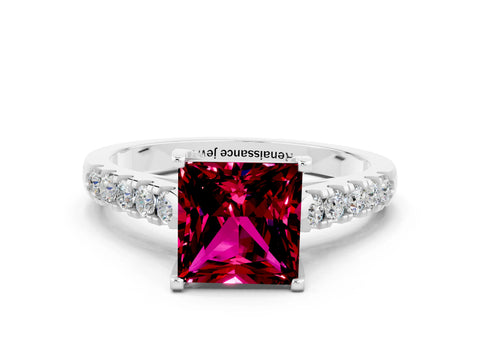 White gold {shape_name} Garnet Solitaire Ring with Pavé Band and Four-Prong Setting