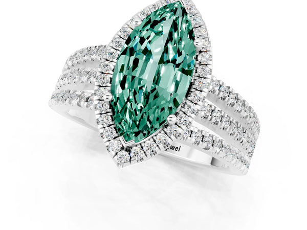 Platinum Marquise Cut Green Sapphire Halo Engagement Ring with Split Shank and Four-Prong Setting