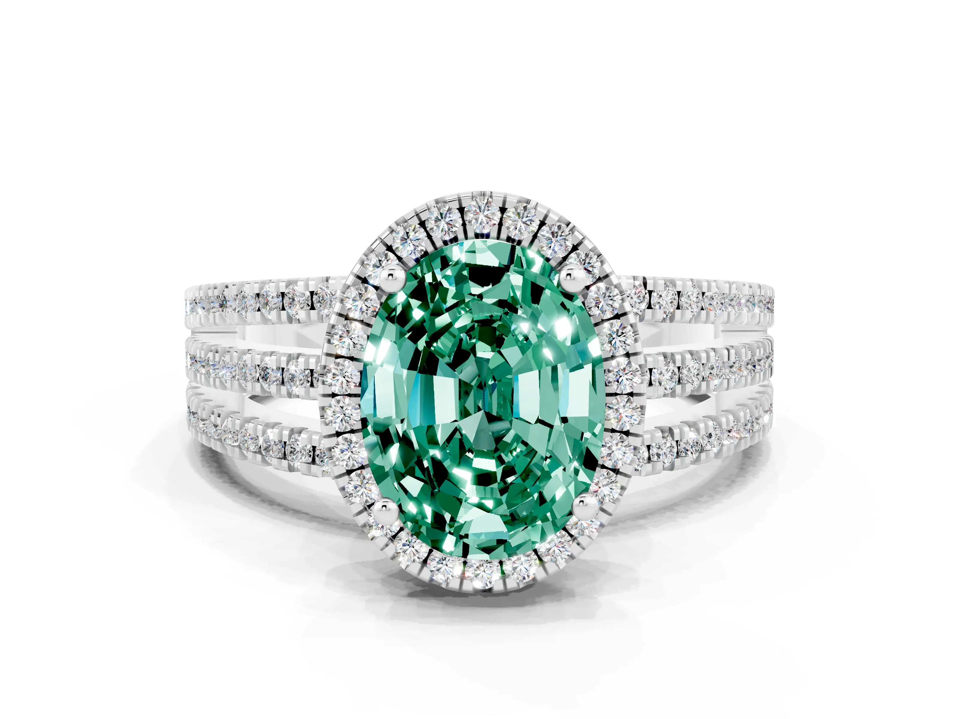 White gold {shape_name} Green Sapphire Halo Engagement Ring with Split Shank and Four-Prong Setting_12