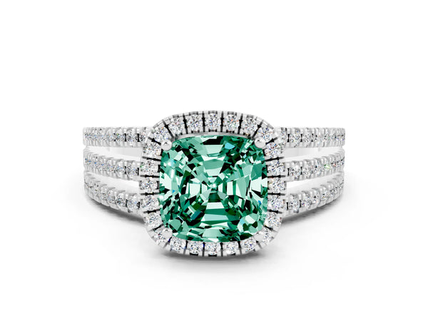 White gold Cushion Cut Green Sapphire Halo Engagement Ring with Split Shank and Four-Prong Setting