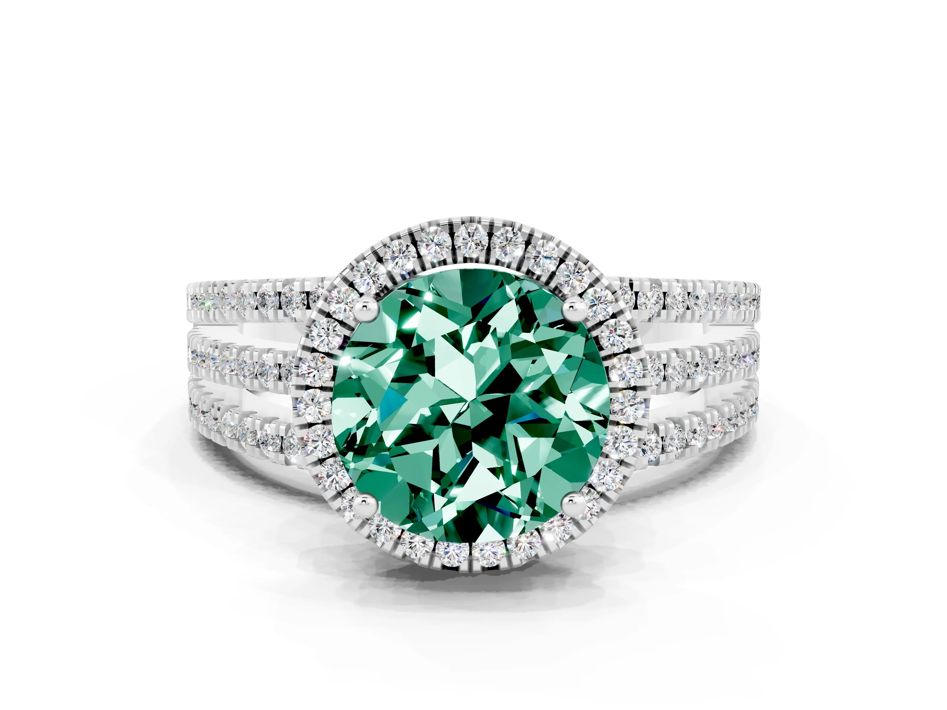 White gold {shape_name} Green Sapphire Halo Engagement Ring with Split Shank and Four-Prong Setting_12