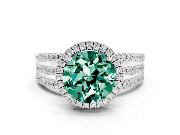 White gold Round Cut Green Sapphire Halo Engagement Ring with Split Shank and Four-Prong Setting