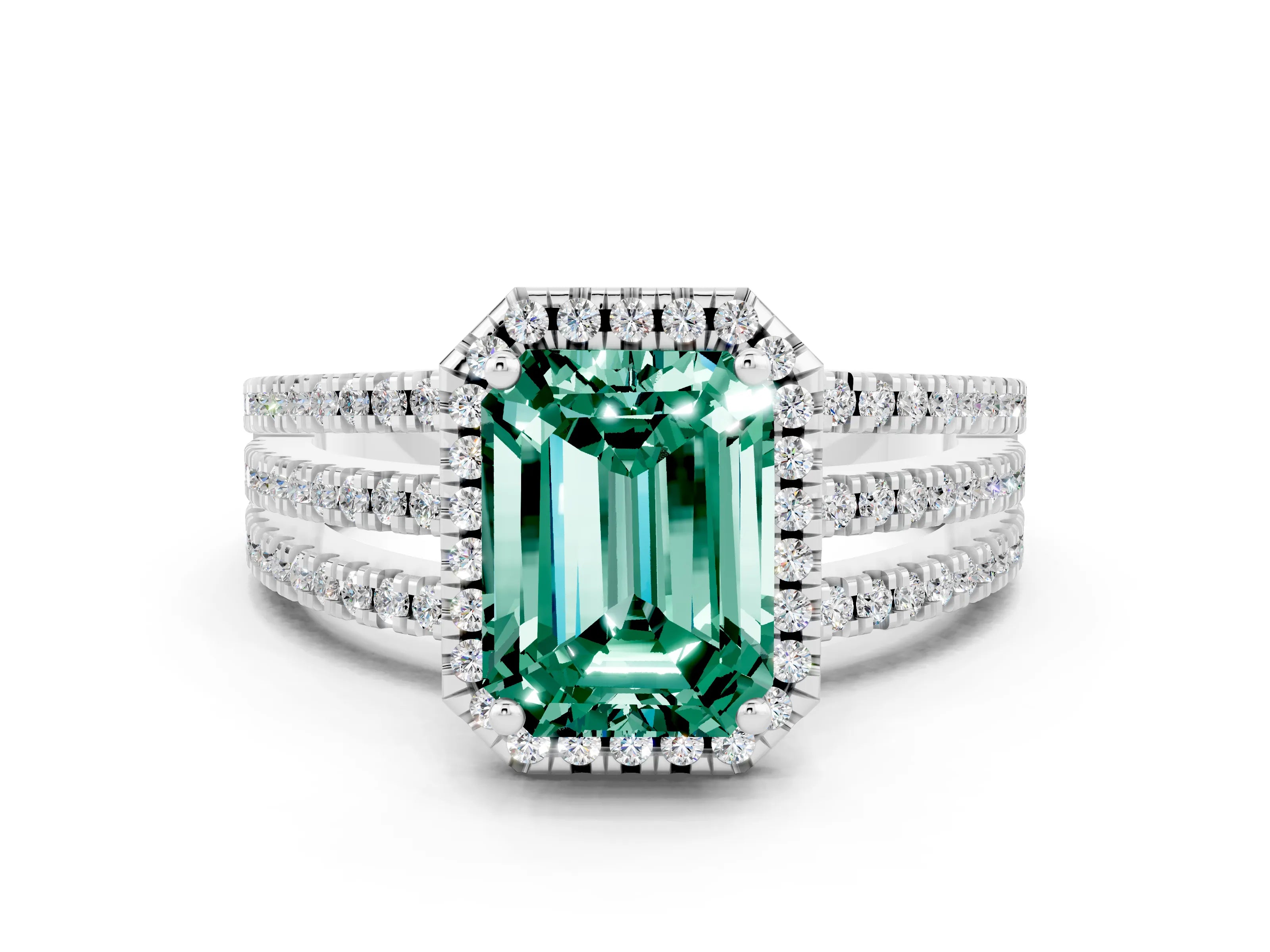 White gold {shape_name} Green Sapphire Halo Engagement Ring with Split Shank and Four-Prong Setting_12