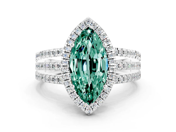White gold Marquise Cut Green Sapphire Halo Engagement Ring with Split Shank and Four-Prong Setting