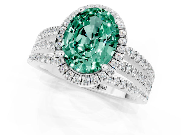 White gold Oval Cut Green Sapphire Halo Engagement Ring with Split Shank and Four-Prong Setting