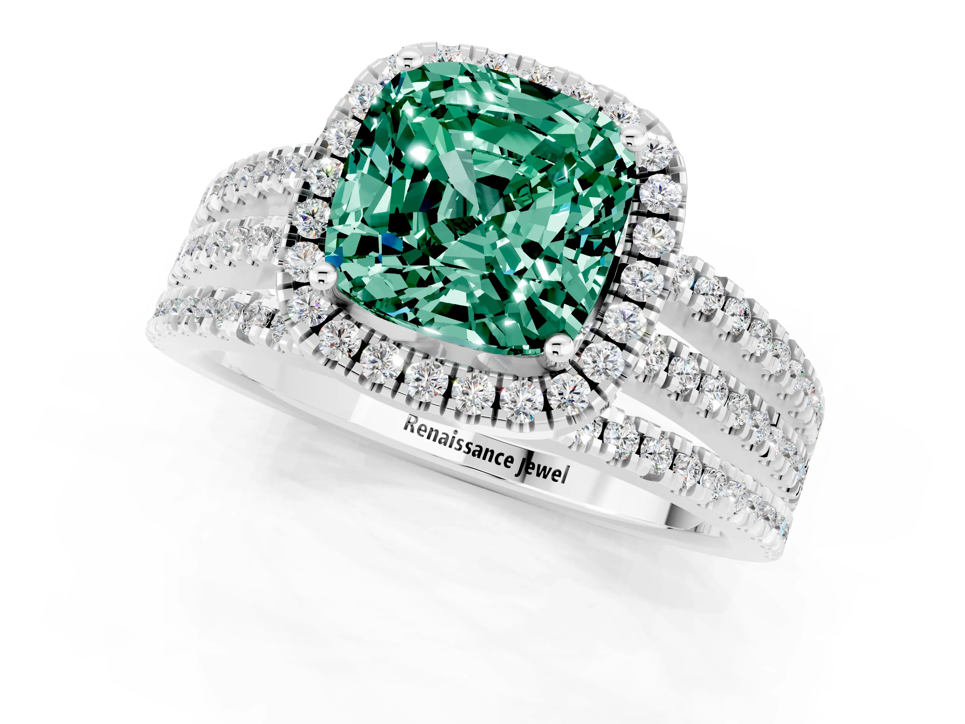 White gold {shape_name} Green Sapphire Halo Engagement Ring with Split Shank and Four-Prong Setting_13