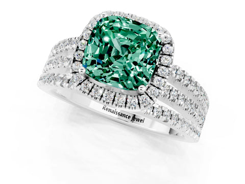 White gold {shape_name} Green Sapphire Halo Engagement Ring with Split Shank and Four-Prong Setting_13