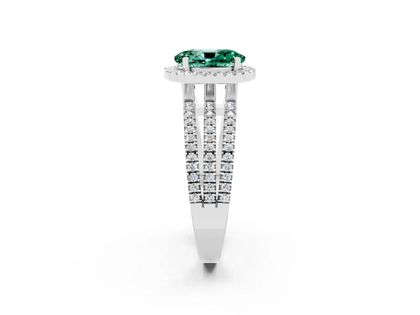 White gold Oval Cut Green Sapphire Halo Engagement Ring with Split Shank and Four-Prong Setting