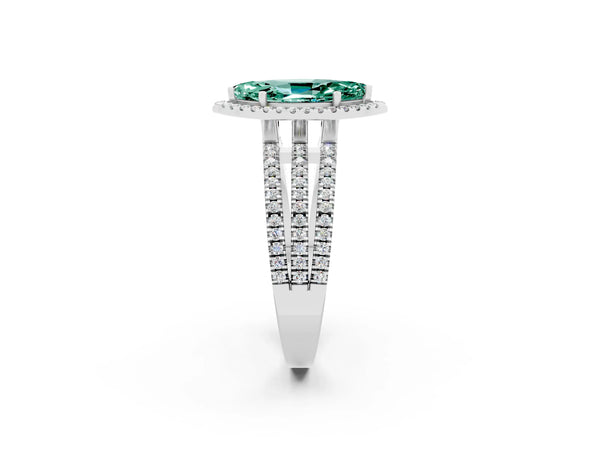 White gold Marquise Cut Green Sapphire Halo Engagement Ring with Split Shank and Four-Prong Setting