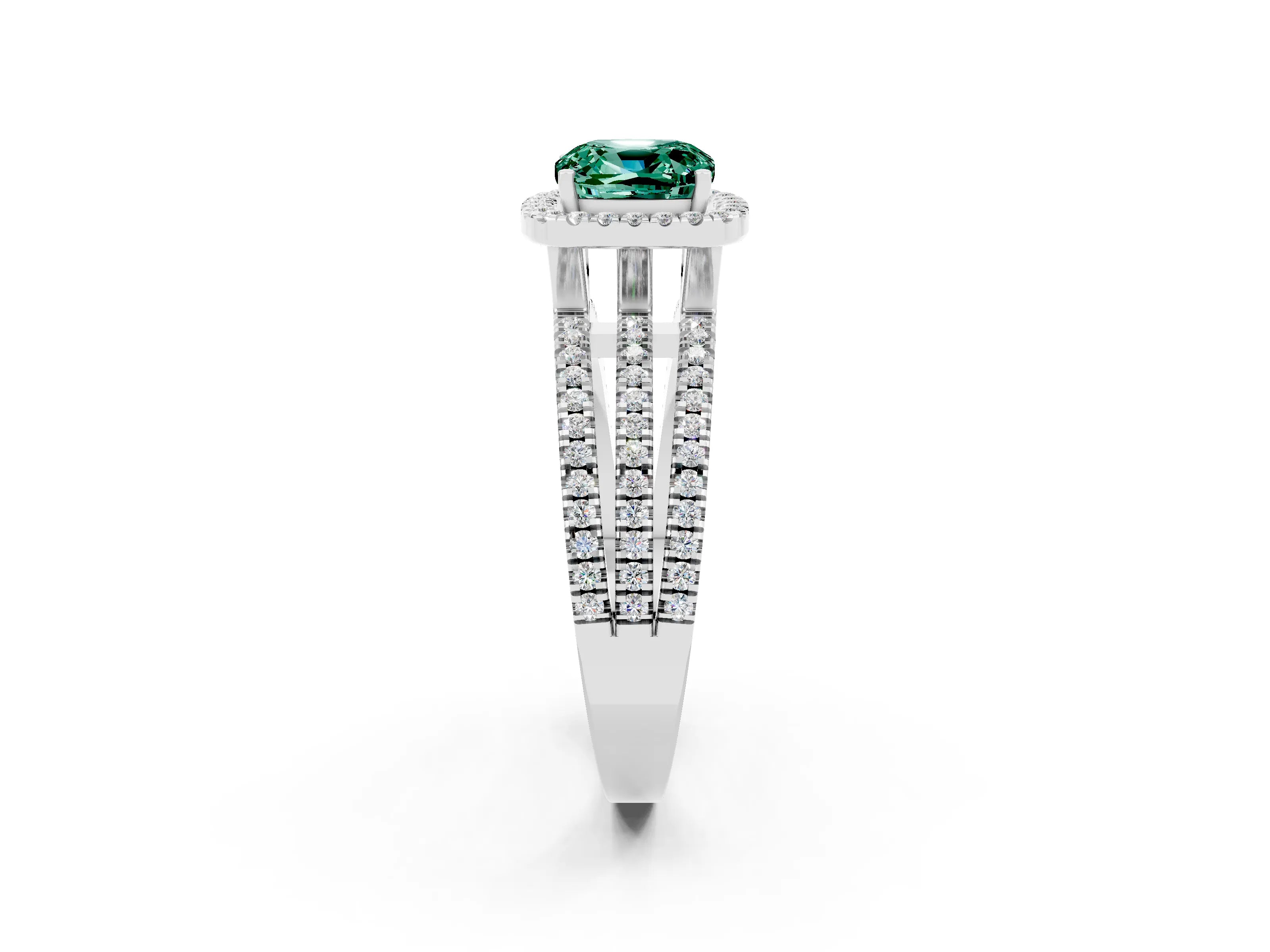 White gold {shape_name} Green Sapphire Halo Engagement Ring with Split Shank and Four-Prong Setting_14