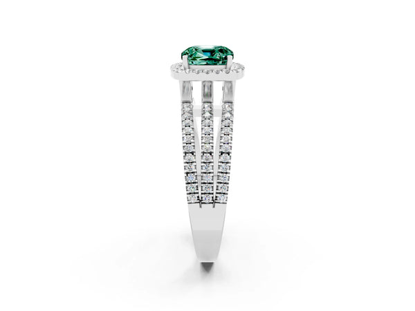 White gold Cushion Cut Green Sapphire Halo Engagement Ring with Split Shank and Four-Prong Setting