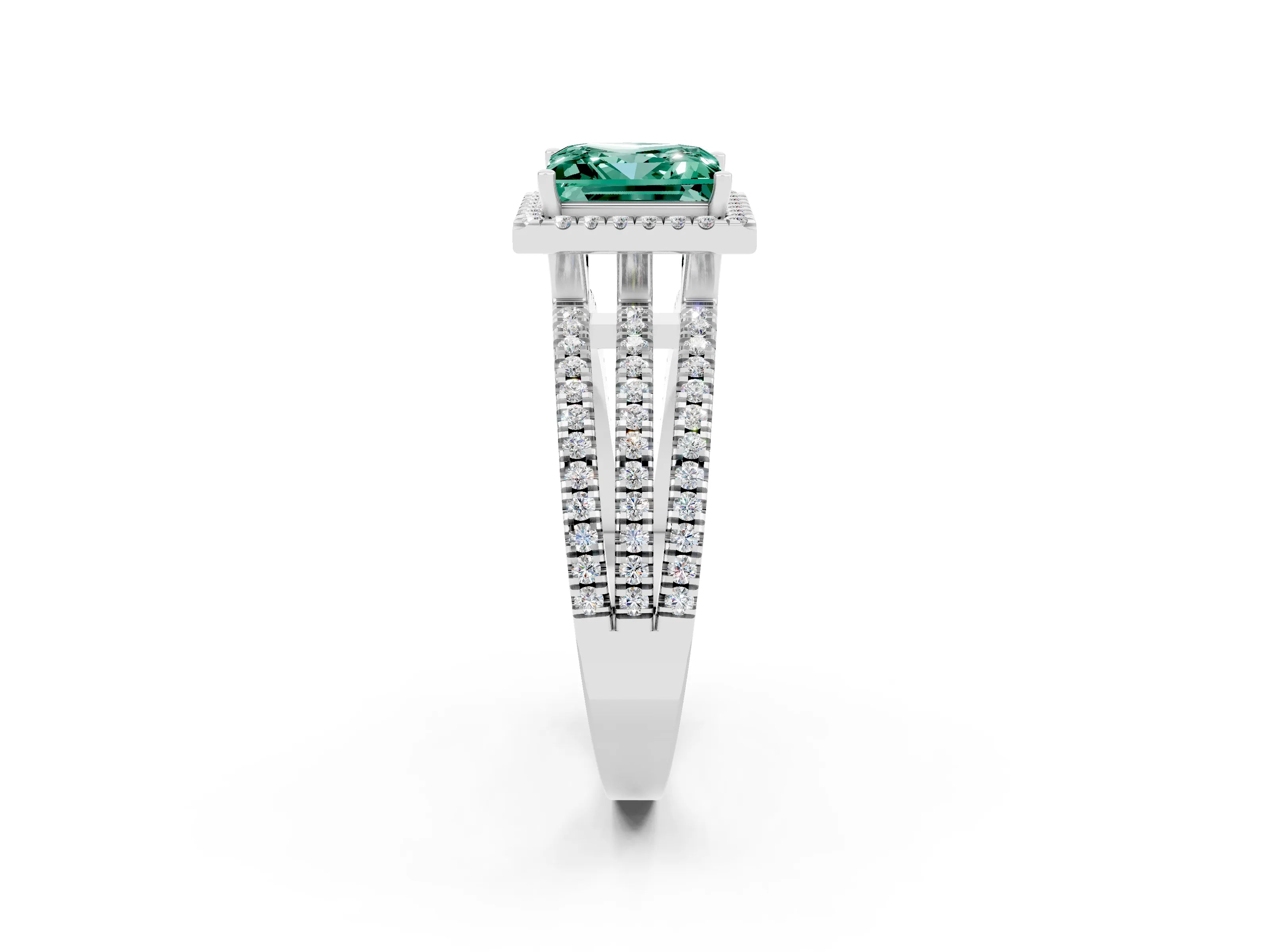 White gold {shape_name} Green Sapphire Halo Engagement Ring with Split Shank and Four-Prong Setting_14