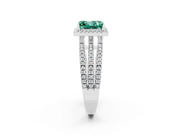 White gold Princess Cut Green Sapphire Halo Engagement Ring with Split Shank and Four-Prong Setting