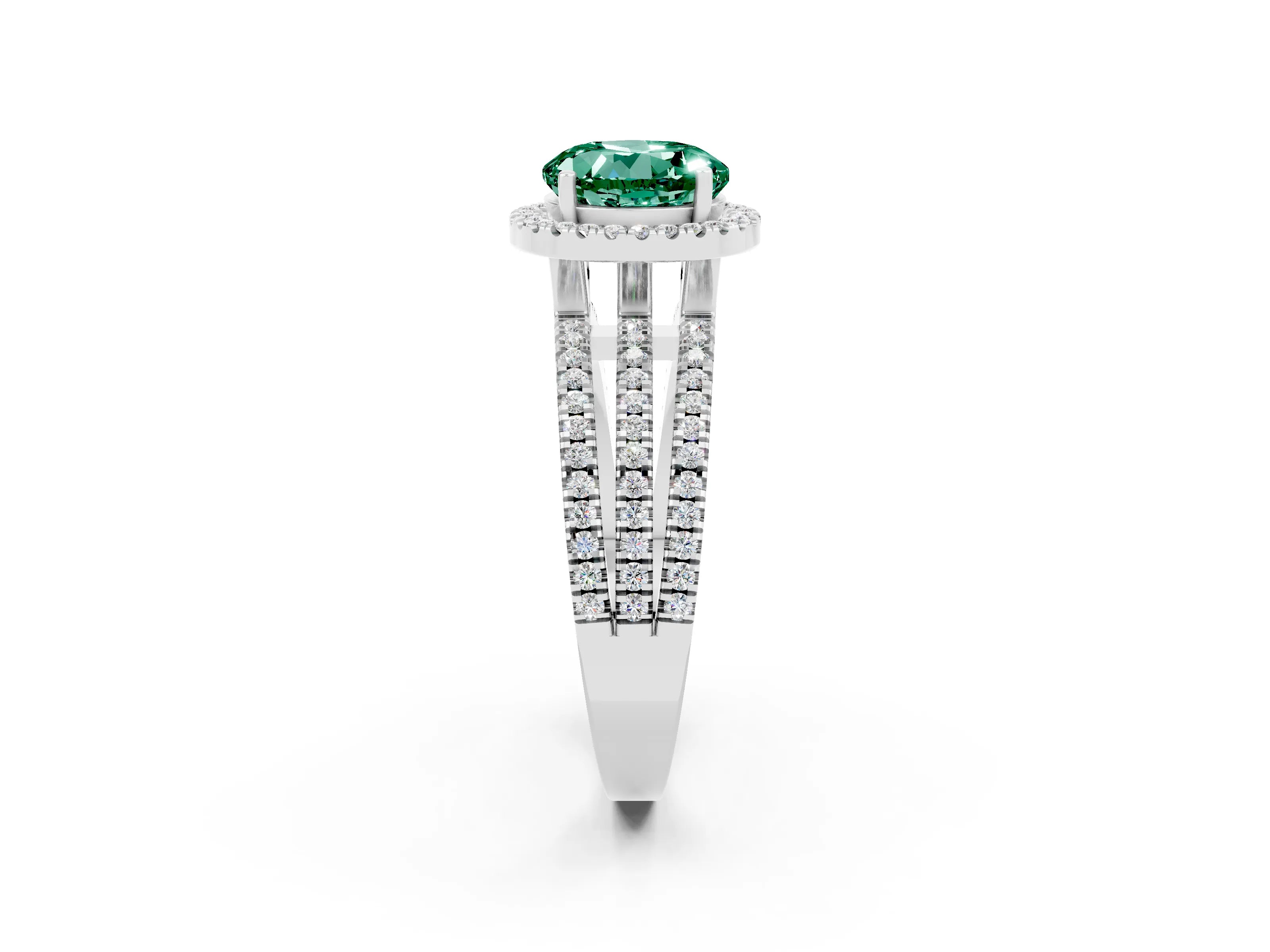 White gold {shape_name} Green Sapphire Halo Engagement Ring with Split Shank and Four-Prong Setting_14