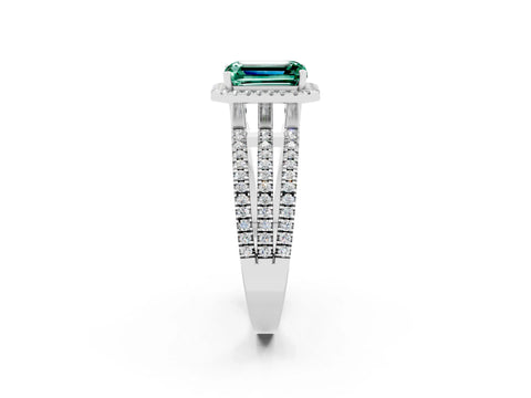 White gold {shape_name} Green Sapphire Halo Engagement Ring with Split Shank and Four-Prong Setting_14