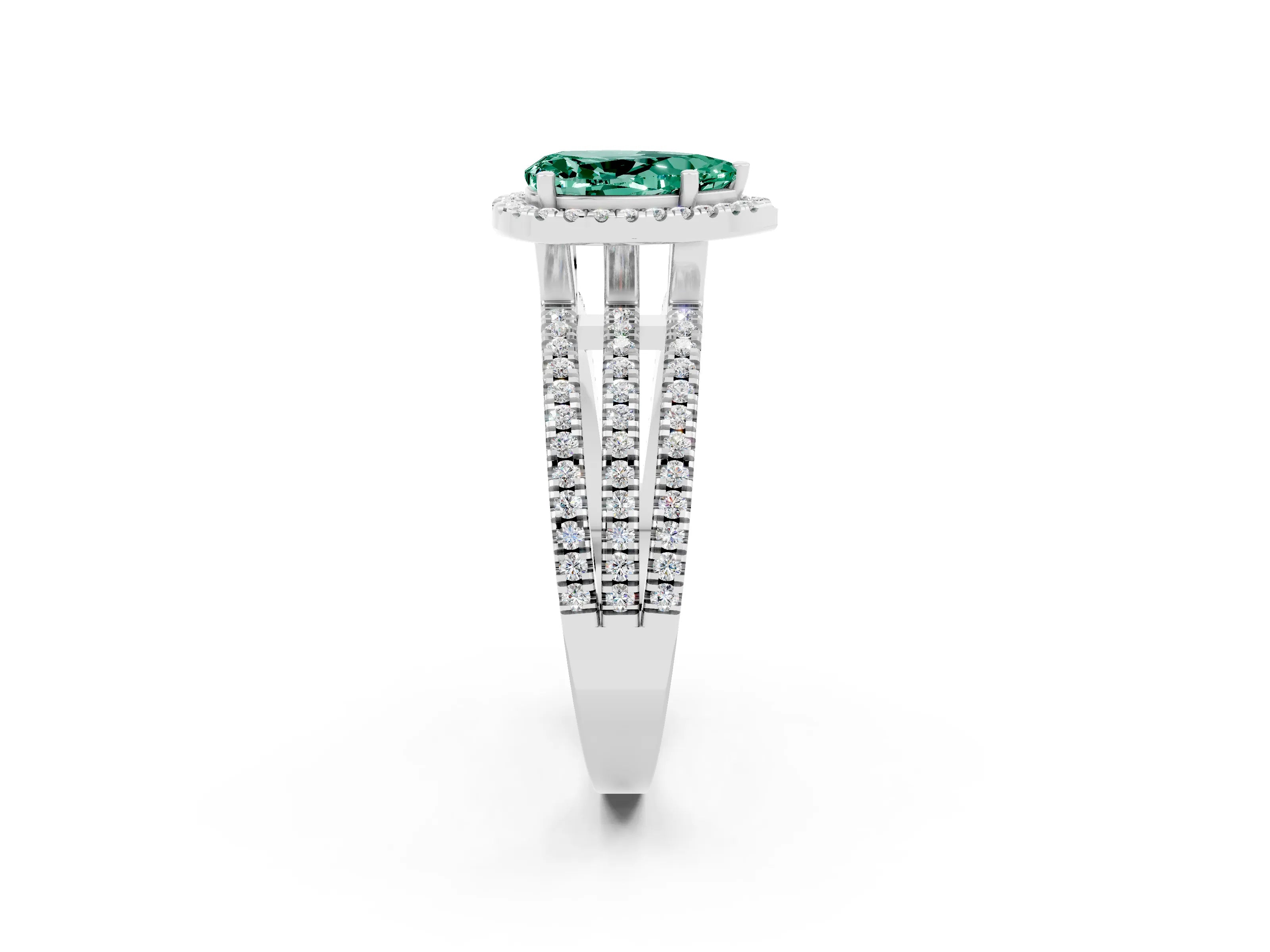 White gold {shape_name} Green Sapphire Halo Engagement Ring with Split Shank and Four-Prong Setting_14