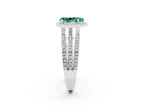 White gold Pear Cut Green Sapphire Halo Engagement Ring with Split Shank and Four-Prong Setting