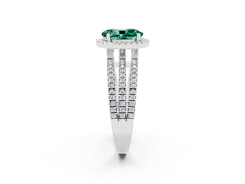 White gold {shape_name} Green Sapphire Halo Engagement Ring with Split Shank and Four-Prong Setting_14
